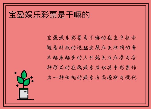 宝盈娱乐彩票是干嘛的